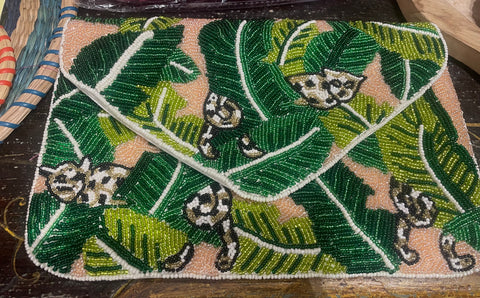 Beaded Green Leaf&Cheetah Handbag