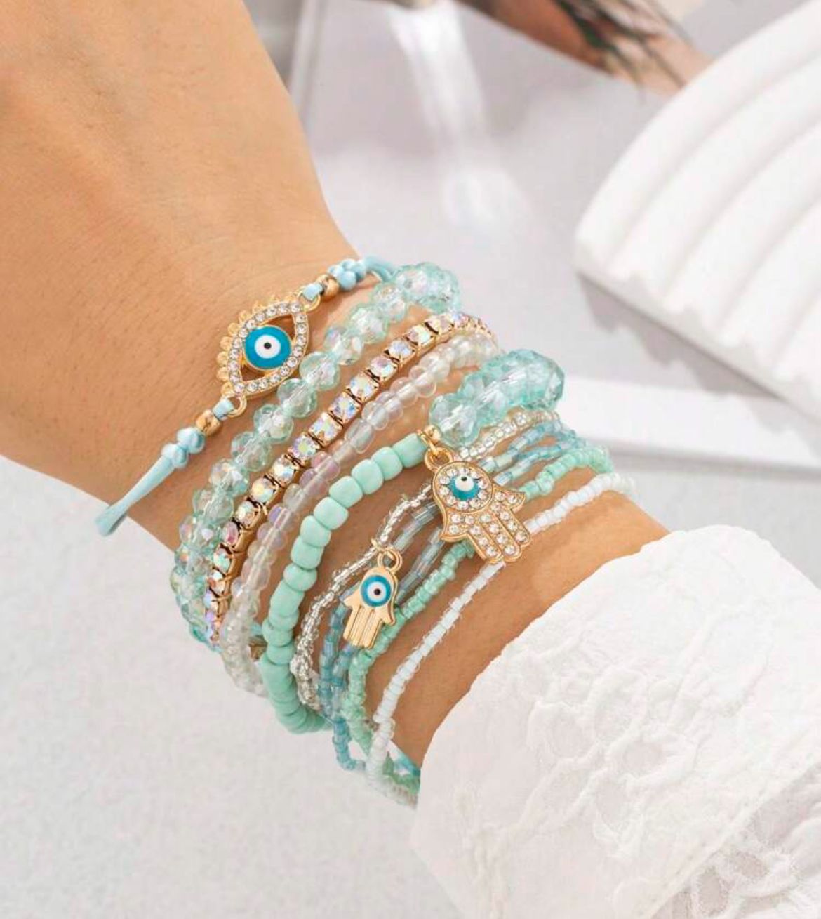 Chunky Hand Eye Aqua Beaded Bracelet