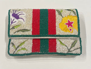 Beaded White&Multicolor Flowers, Red&Green Stripped Handbag