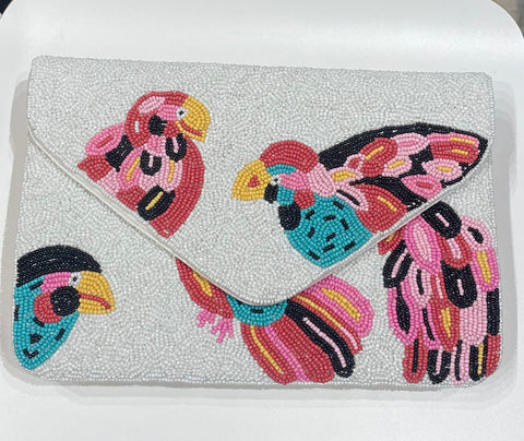 Beaded White&Multicolor Bird Handbag