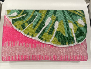 Beaded Pink&Green Leaf Handbag