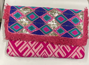 Beaded Pink&Purple Tribal Print Handbag