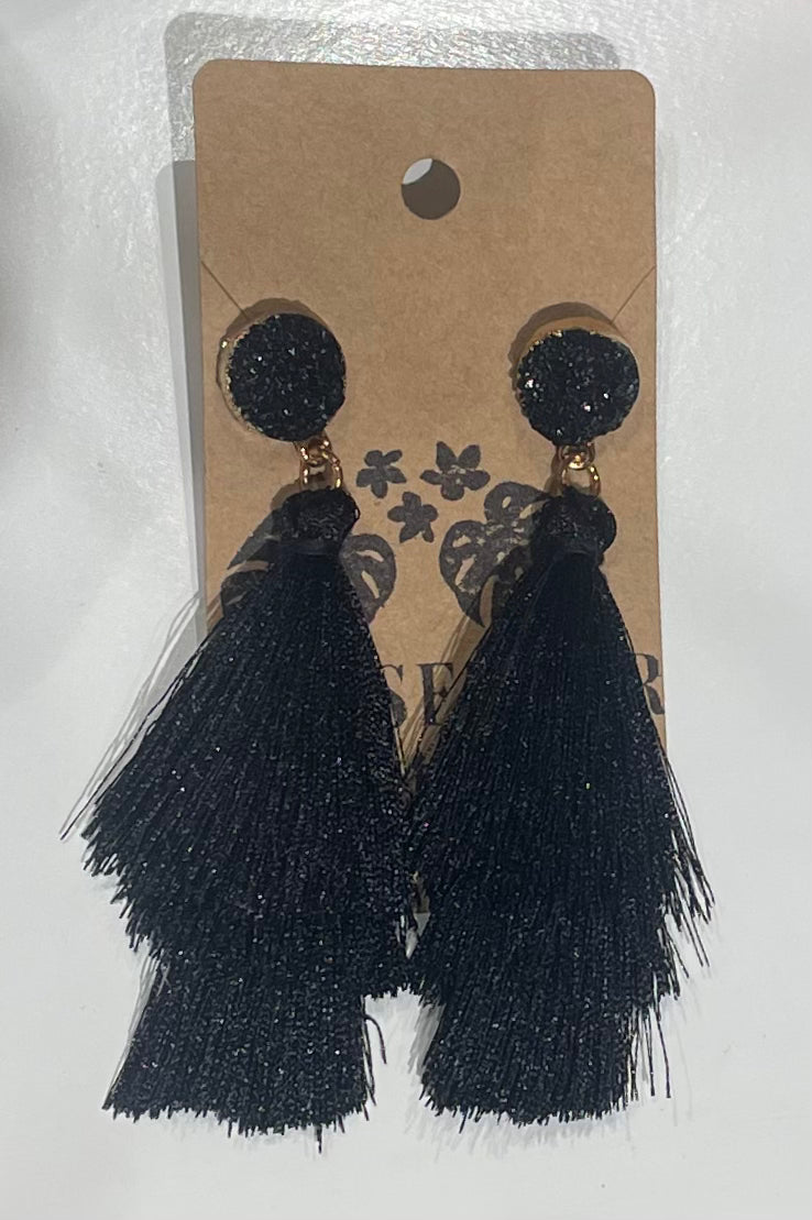 Black Stone Tassel Earrings