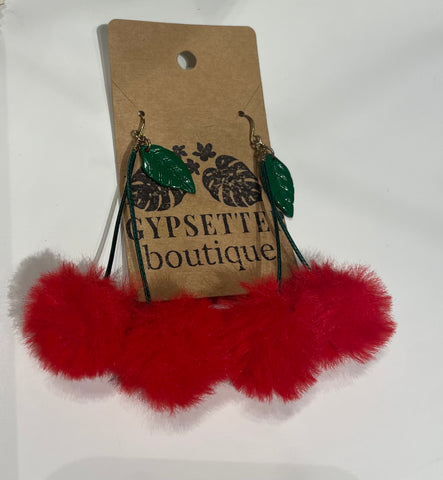 Fluffy Pom Pom Cherry Earrings