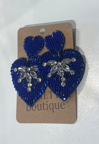 Blue Beaded Heart Earrings