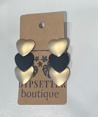 Black & Gold Three Heart Earrings