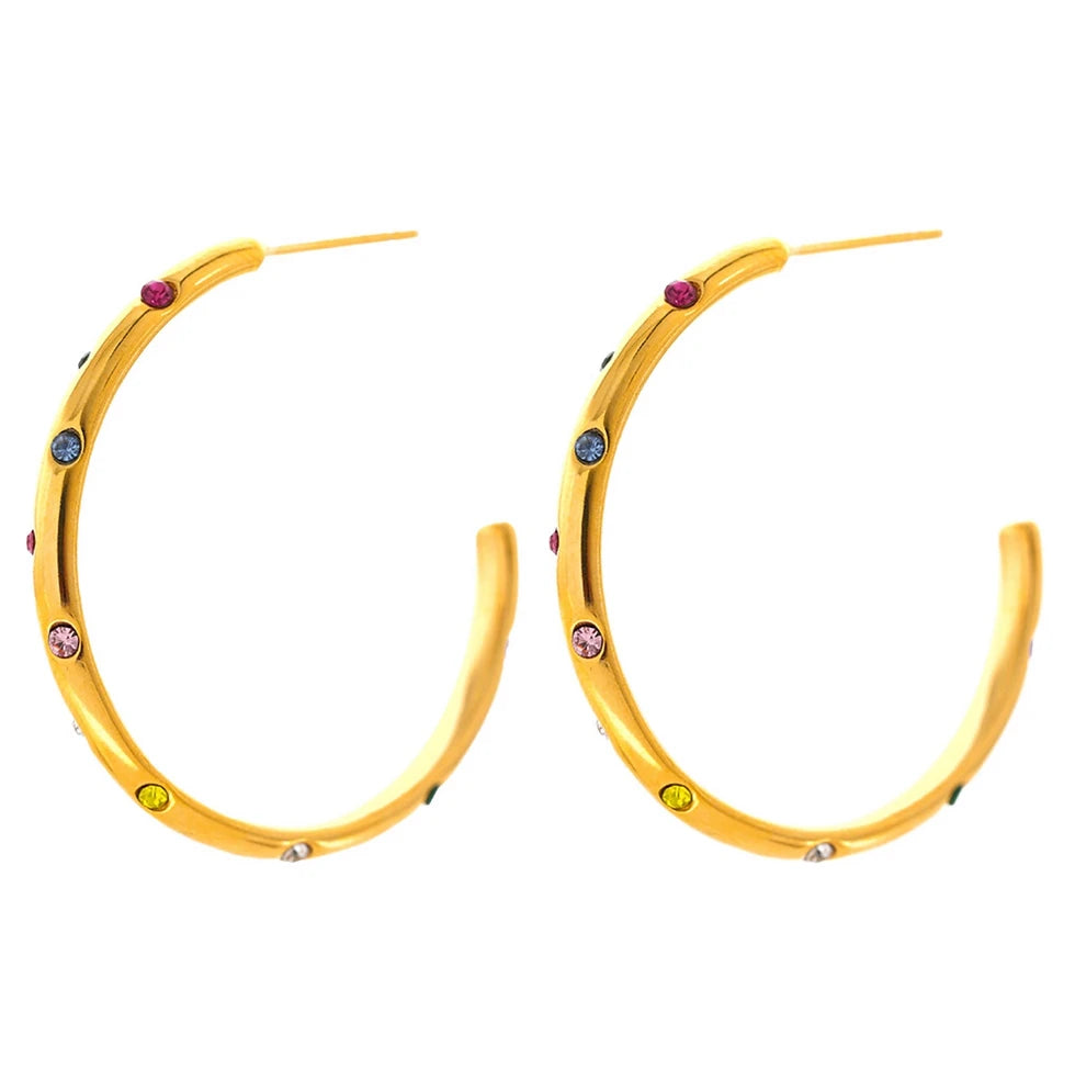 Gold & Multicolor Rhinestone Hoop Earrings
