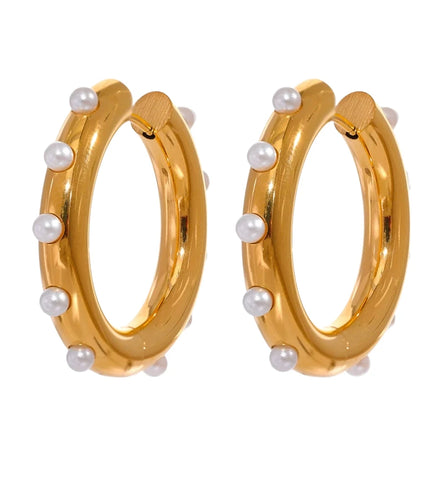 Gold Pearl Ball Hoop Earrings