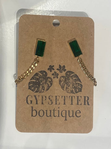 Emerald Stone Gold Hanging Chain Earrings