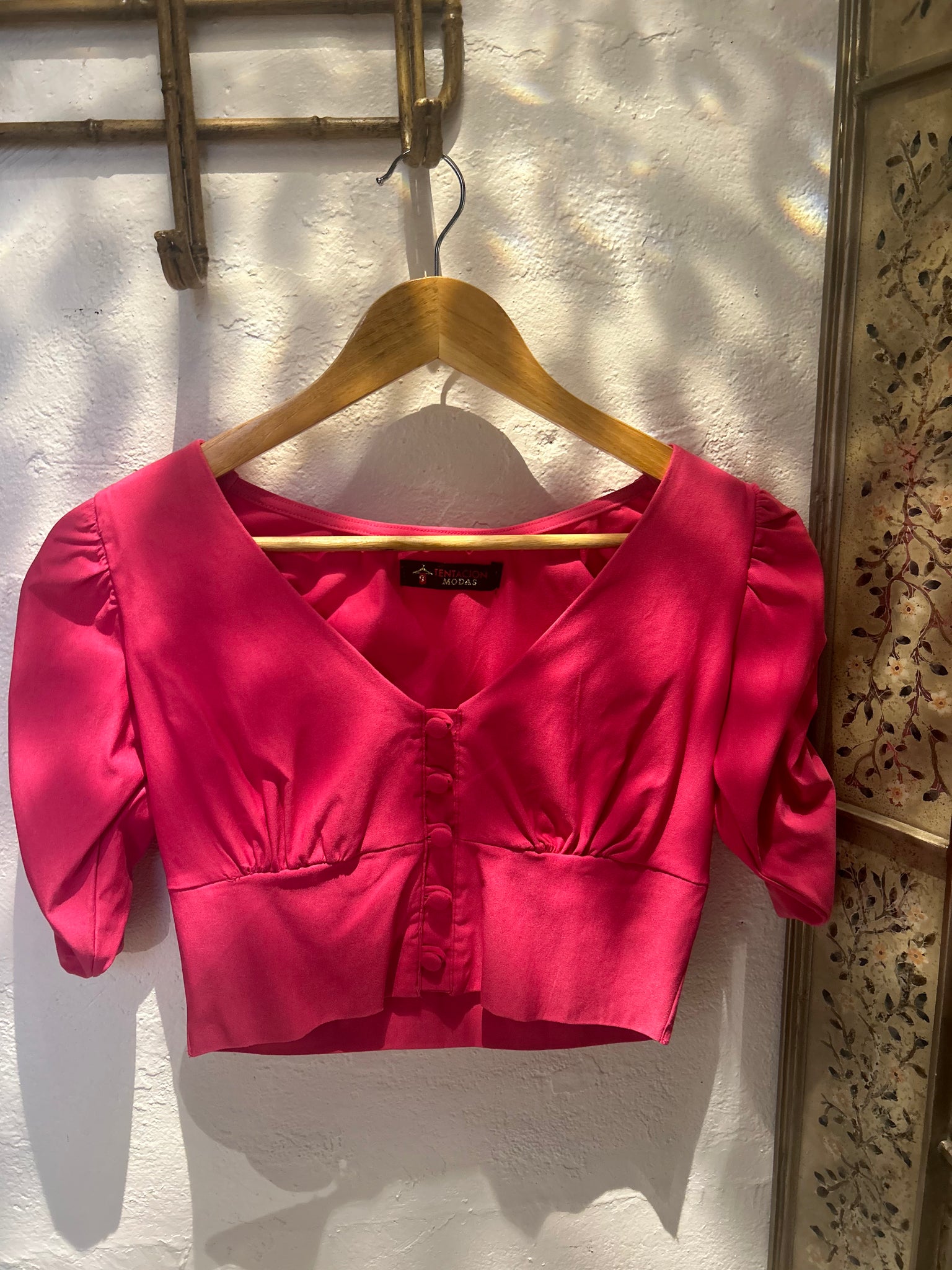 Ruffled sleeves hot pink top with buttons on the front